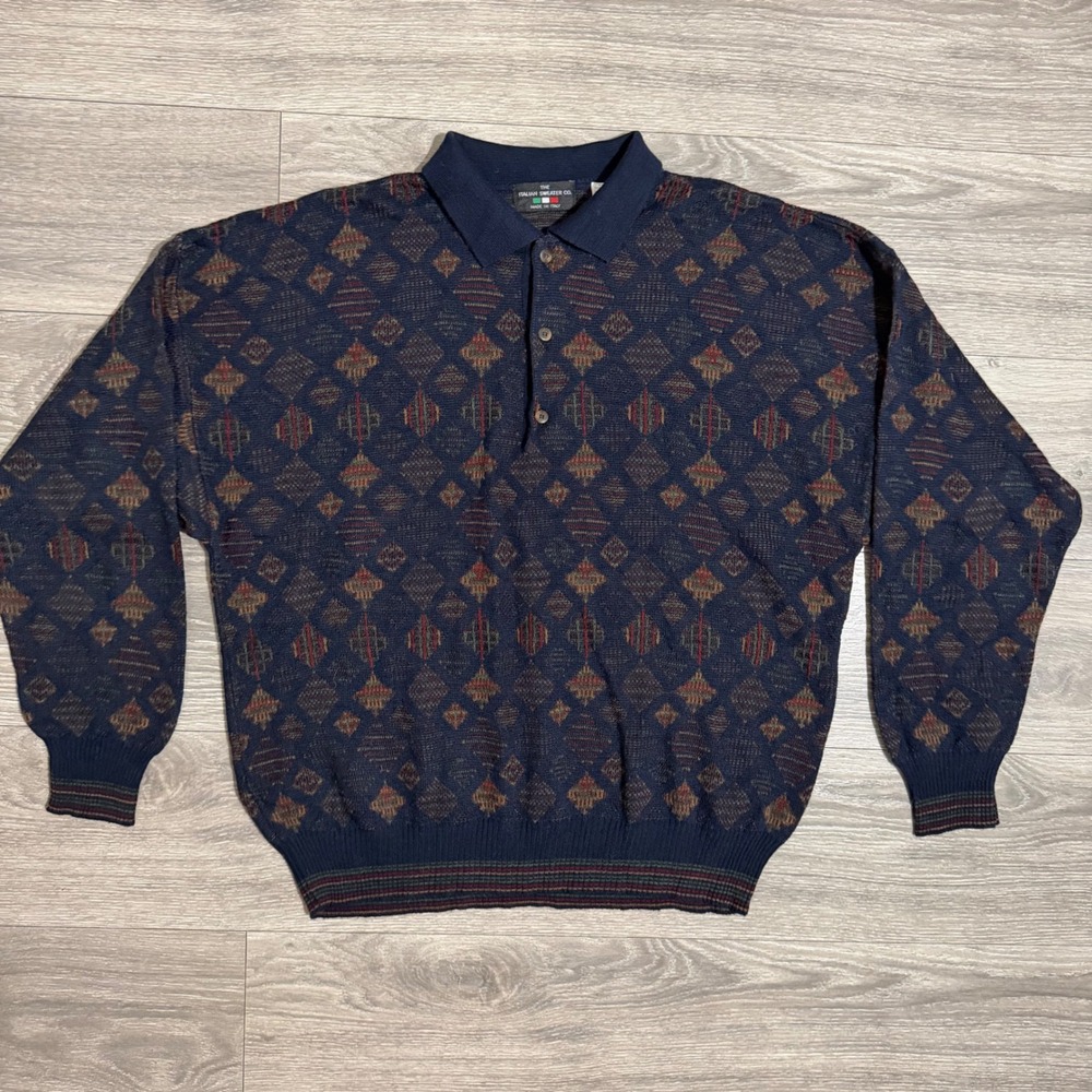 Vintage 80s The Italian Sweater Men L Wool Blend Navy Diamond Knit Polo Sweater